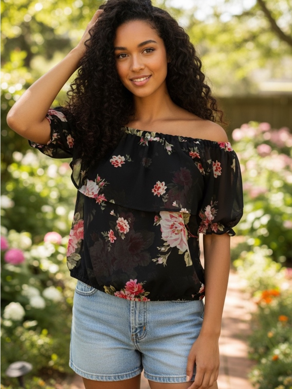 Express Women's Off-Shoulder Floral Ruffle Blouse - Black